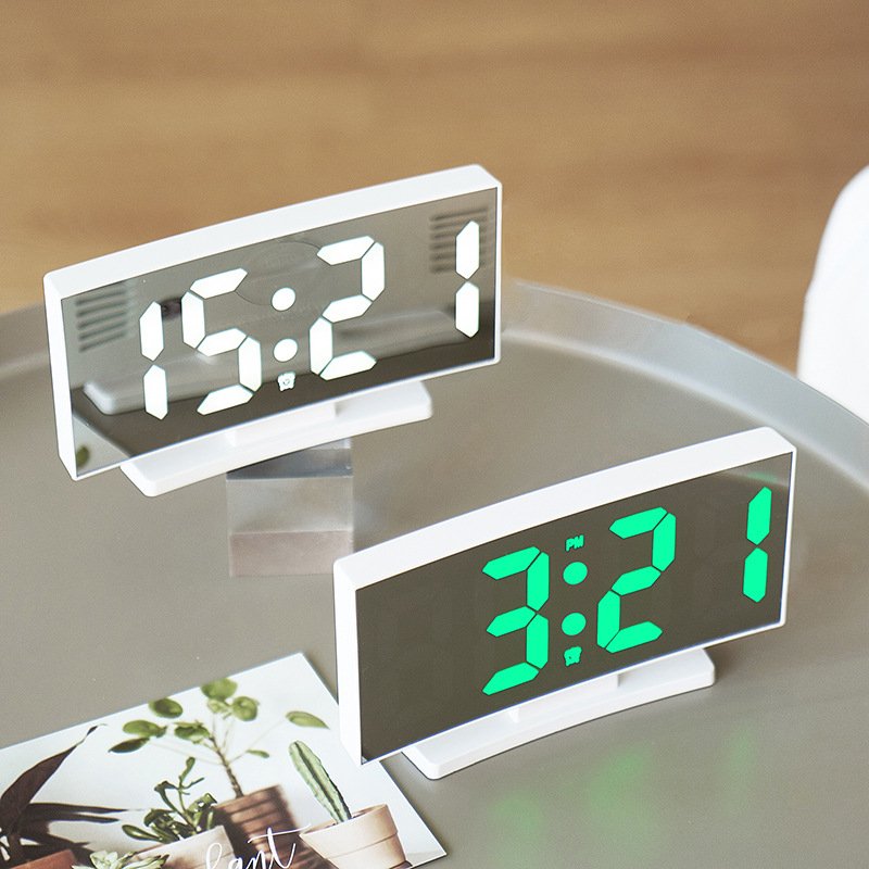 Curved LED Mirror Digital Alarm Clock With Temperature Snooze Desk Table Clock Night Mode USB Electronic LED Smart Clock