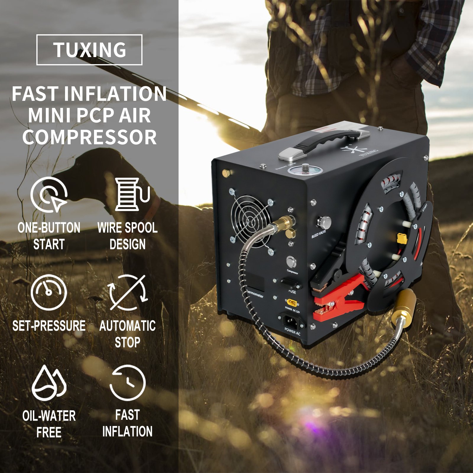 TUXING Wholesale 110V/220V 4500psi/300bar Wire Spool Convenient Oil-Water Free Auto Shut-Off Home Car Battery 12V Air Compressor