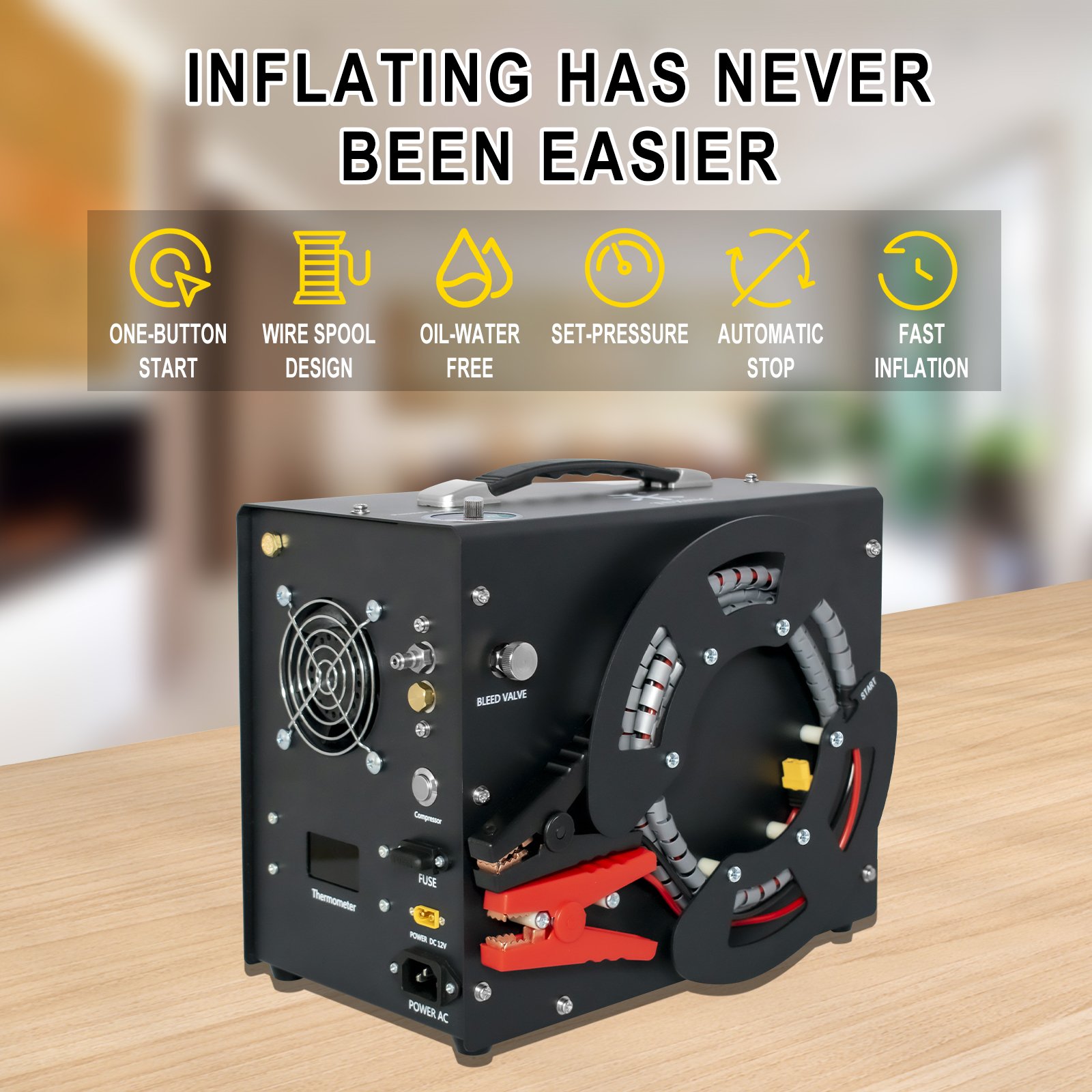 TUXING Wholesale 110V/220V 4500psi/300bar Wire Spool Convenient Oil-Water Free Auto Shut-Off Home Car Battery 12V Air Compressor