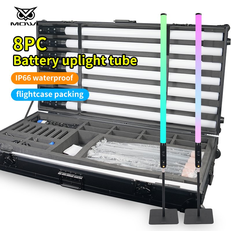 Flight Case 8 Pack Waterproof Wireless 360 Outdoor DMX RGB Battery LED Pixel Tube Lights with Telescopic Pole Base