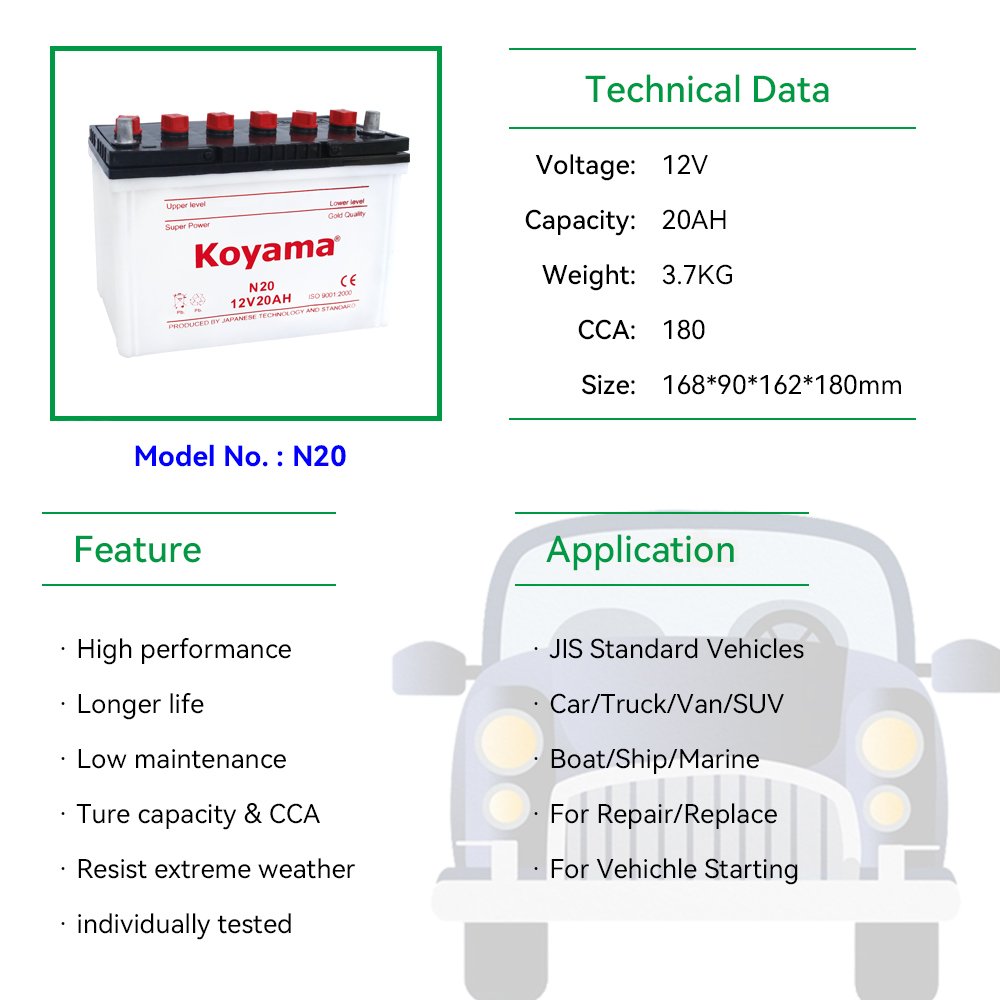 12v 20ah Special Dry Charged Auto Car Battery N20 Japanese Car starting Battery