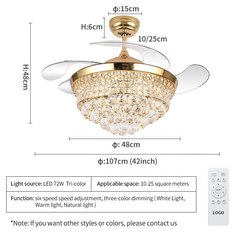 D046 Modern European 42 Inch Ceiling Fan Chandelier with Light 3 Color Crystal Remote Control DC Motor for Home Use
