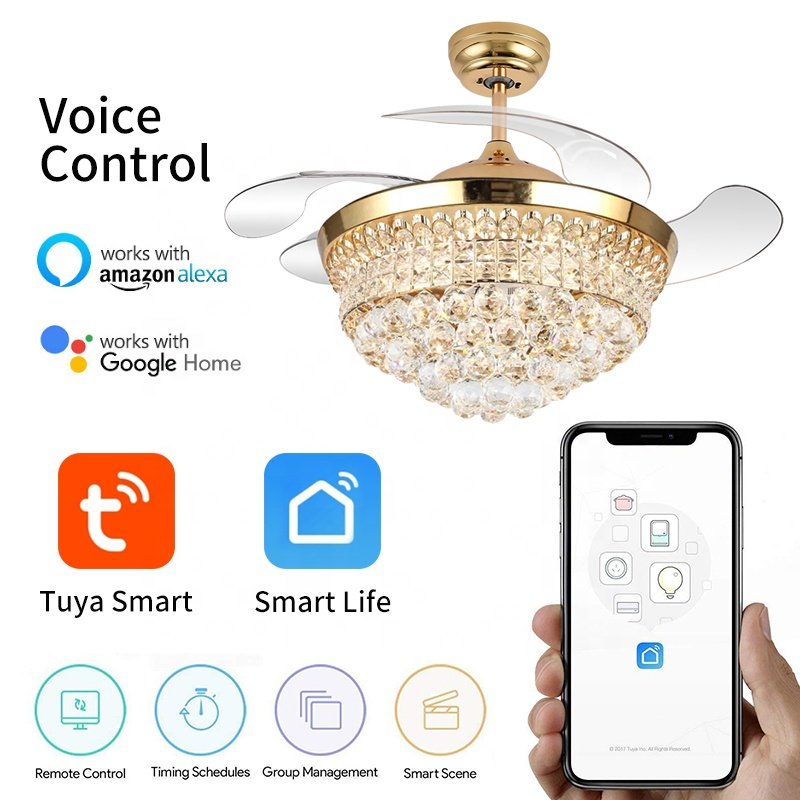 D046 Modern European 42 Inch Ceiling Fan Chandelier with Light 3 Color Crystal Remote Control DC Motor for Home Use
