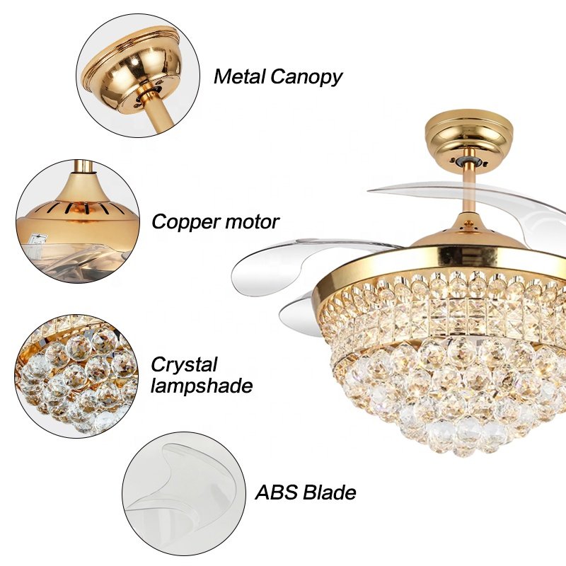 D046 Modern European 42 Inch Ceiling Fan Chandelier with Light 3 Color Crystal Remote Control DC Motor for Home Use