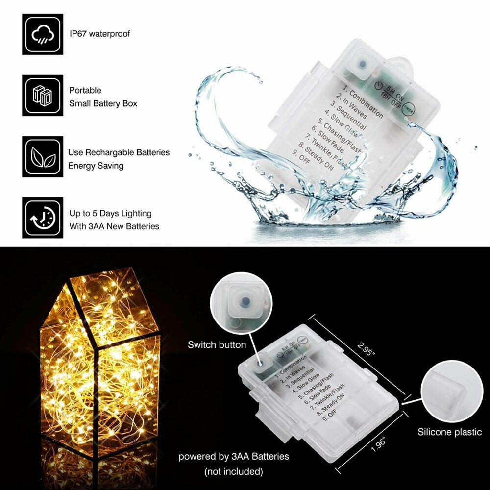 Led Fairy String Lights 33 Ft With 100 LED Waterproof Christmas Copper Wire Battery Light Bulb String Lights With Remote Control