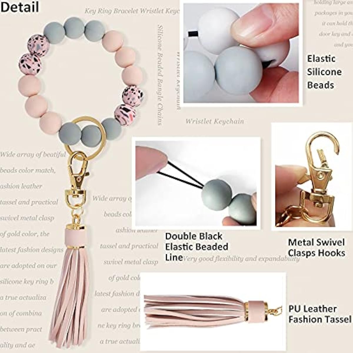 Lawin.gift Key Ring Bracelet Car Keychain Holder Wristlet Silicone Women Beaded Bangle Chains