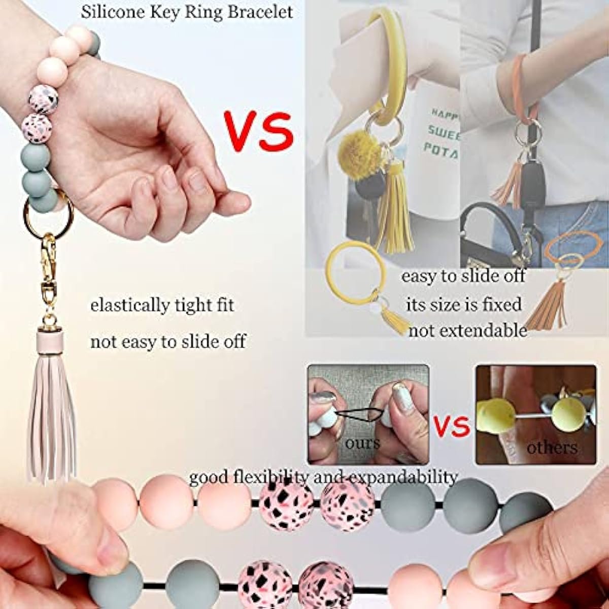 Lawin.gift Key Ring Bracelet Car Keychain Holder Wristlet Silicone Women Beaded Bangle Chains