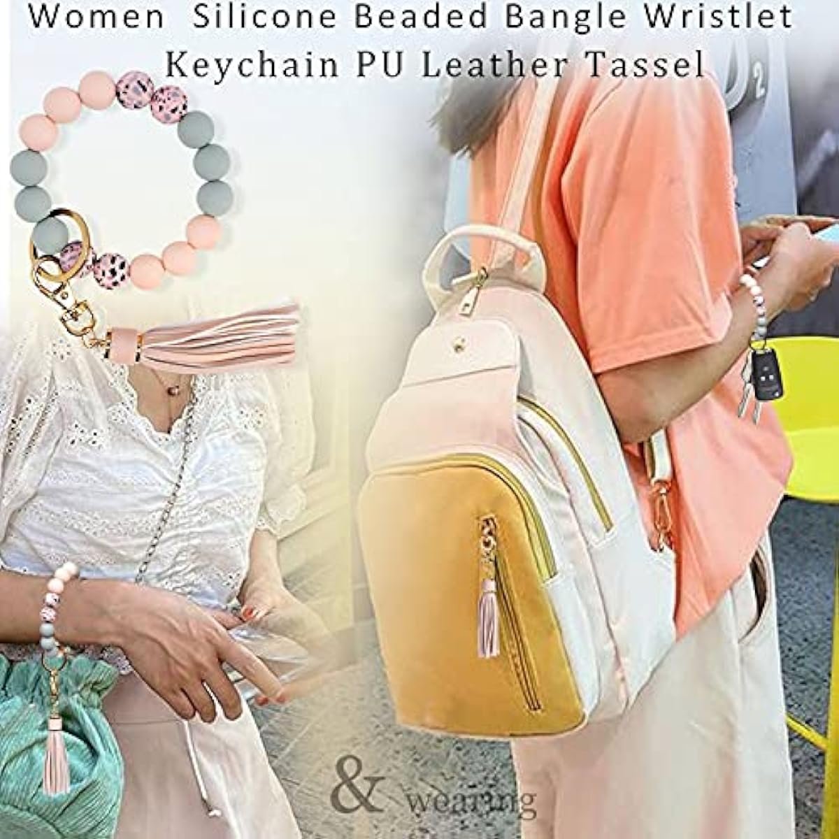 Lawin.gift Key Ring Bracelet Car Keychain Holder Wristlet Silicone Women Beaded Bangle Chains