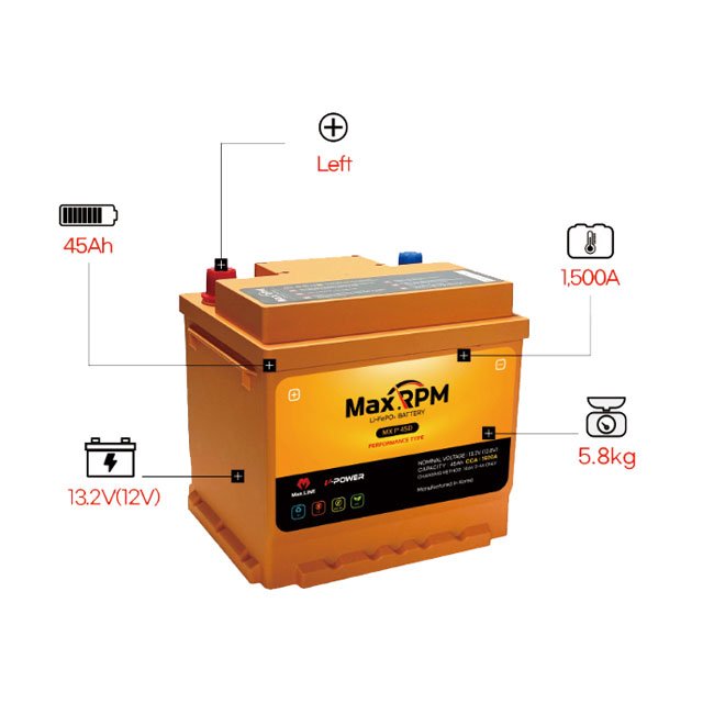 Korean Maxline Long Life Span Lithium Iron Phosphapate (LiFePO4) 12V Car Battery 45Ah Capacity 1,500CCA Performance MX P 45D