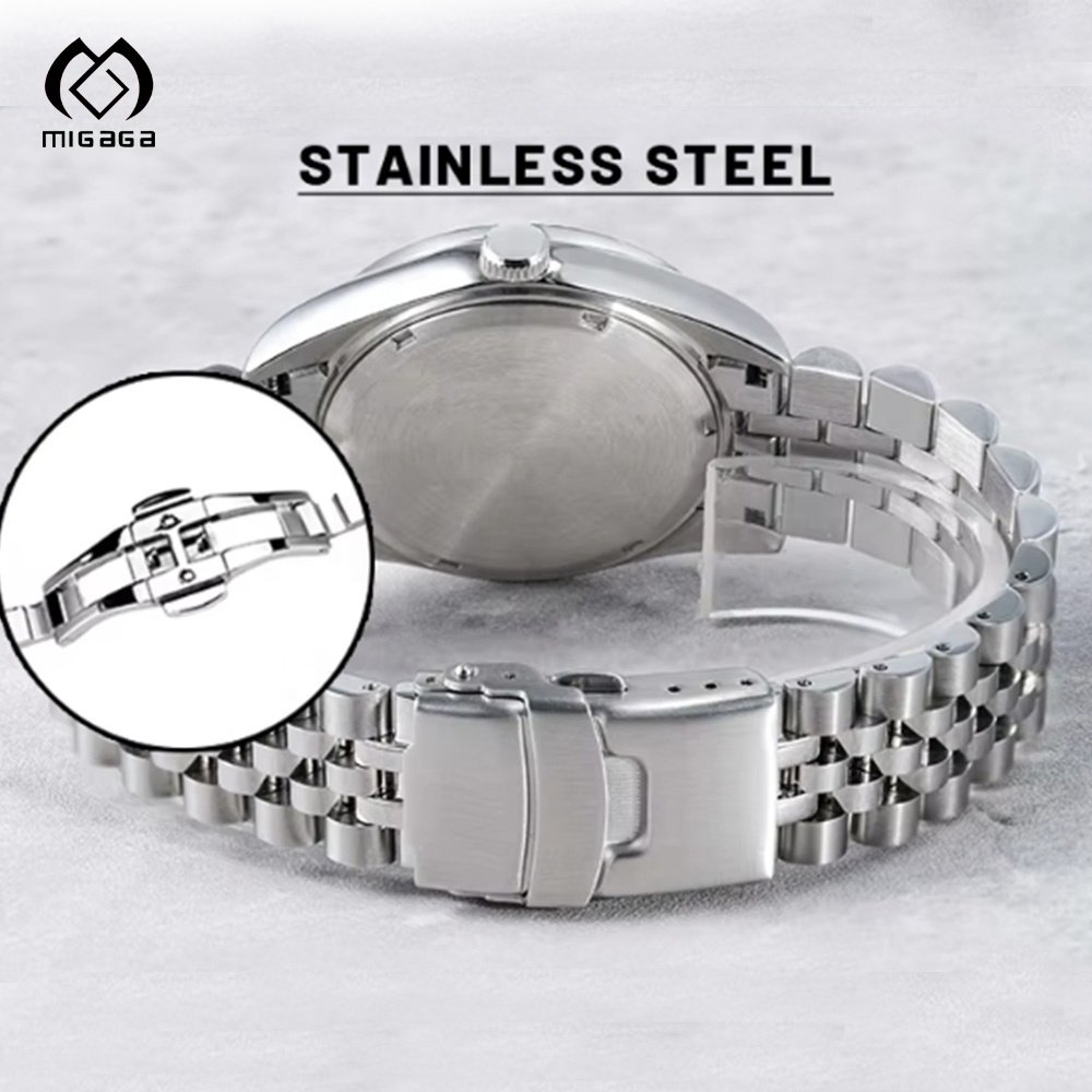 Custom Luxury Male Female Business Stainless Steel Crescent Luminous Sapphire Surface Calendar Water Resistant Mechanical Watch