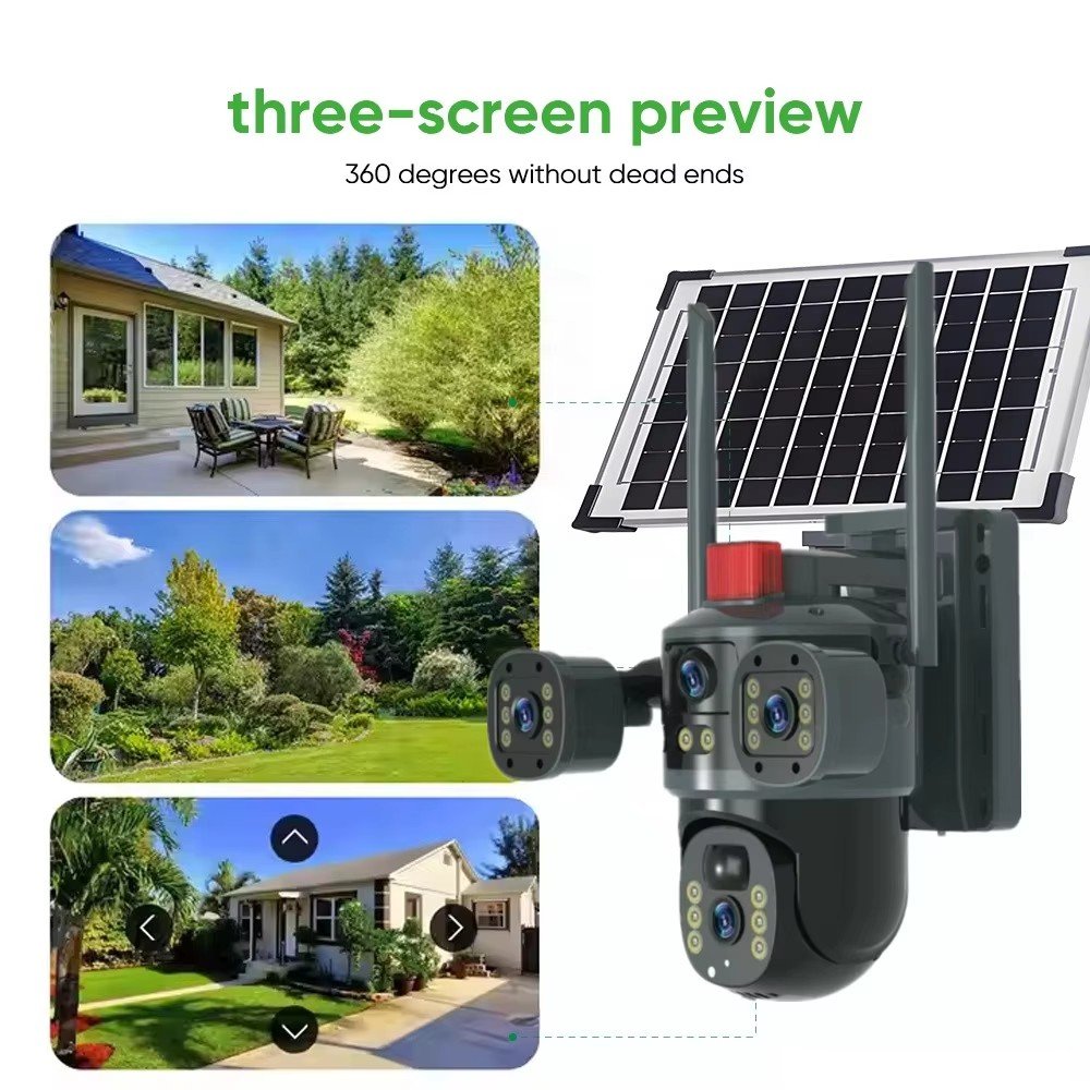 Factory Wholesale T3 Smart Solar Security Camera V380 4 Lens 3 Screen 12MP 6K 4G WIFI Outdoor CMOS Network Cameras PTZ Cam CCTV