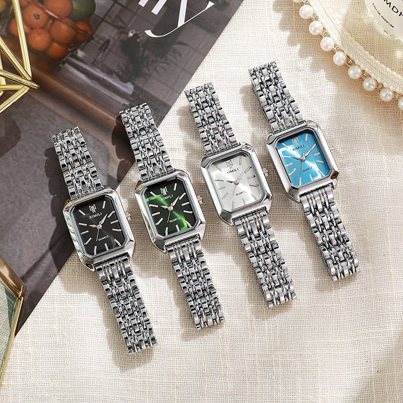 NJC Women's Light Luxury Steel Strap Quartz Watch Buckle 20mm Silver Leather Waterproof Schoolgirl Fashion Simple Square Dial"