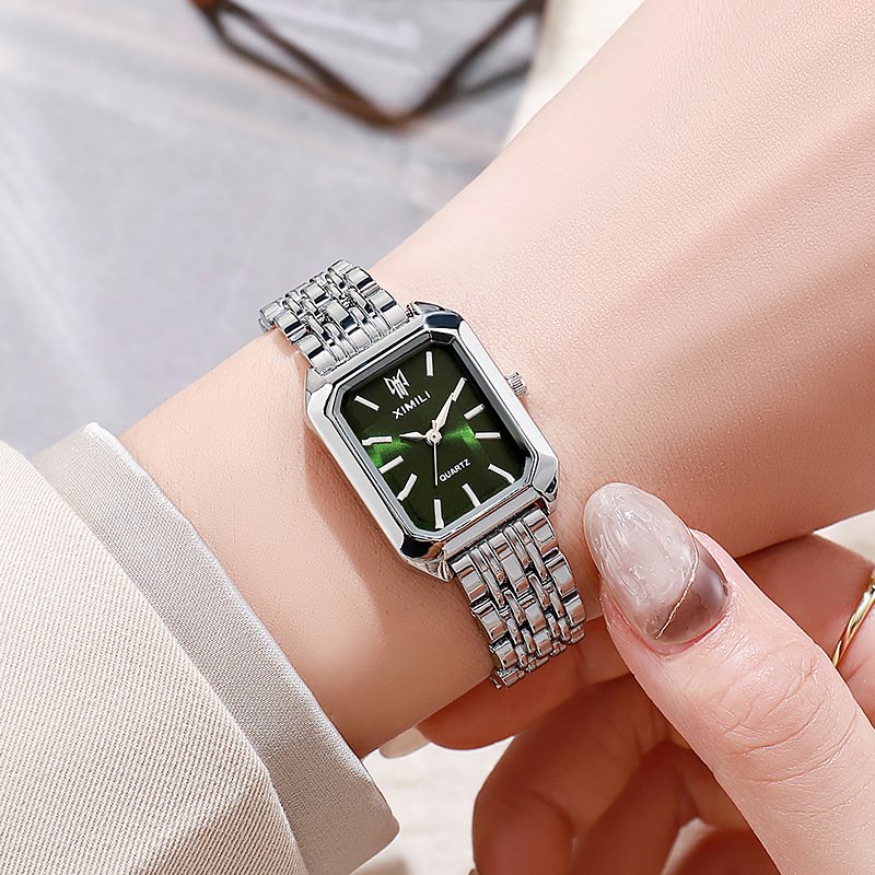 NJC Women's Light Luxury Steel Strap Quartz Watch Buckle 20mm Silver Leather Waterproof Schoolgirl Fashion Simple Square Dial"