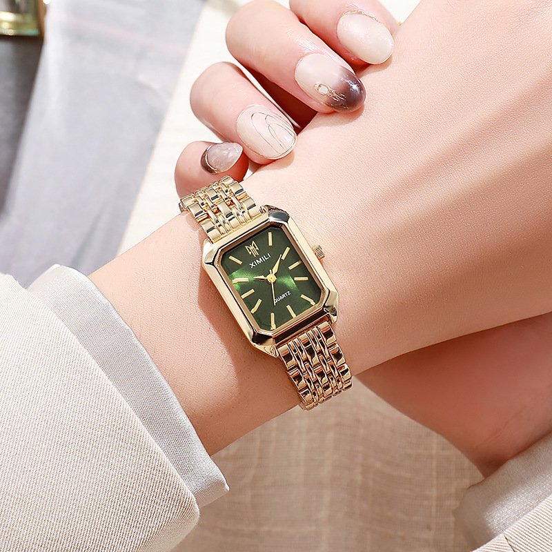 NJC Women's Light Luxury Steel Strap Quartz Watch Buckle 20mm Silver Leather Waterproof Schoolgirl Fashion Simple Square Dial"