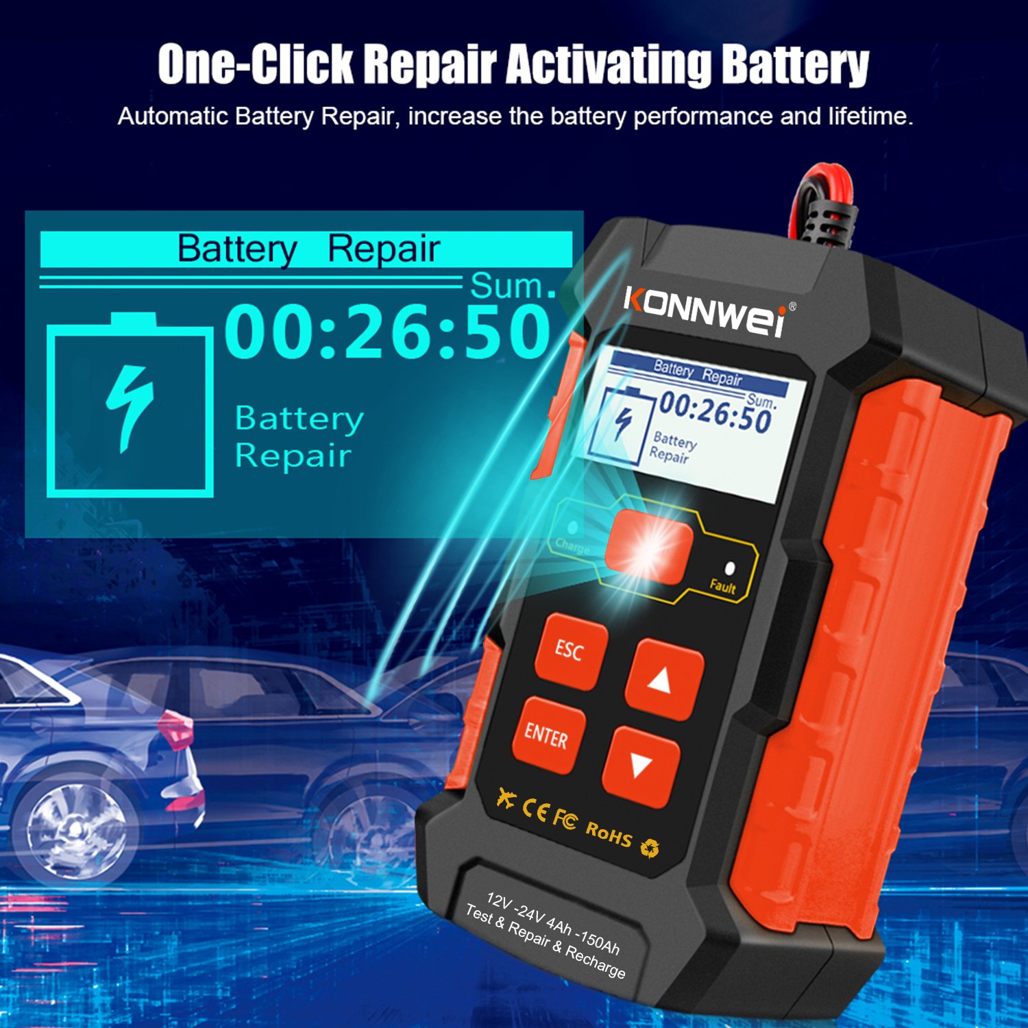 Portable 12V 24V Lead Acid Battery Tester Starter Alternator Analyzer with Digital Battery Charger KONNWEI KW520