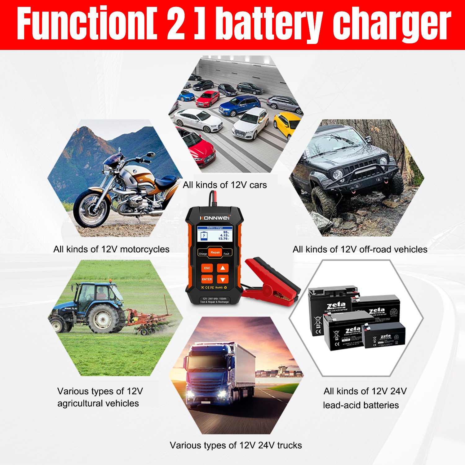 Portable 12V 24V Lead Acid Battery Tester Starter Alternator Analyzer with Digital Battery Charger KONNWEI KW520