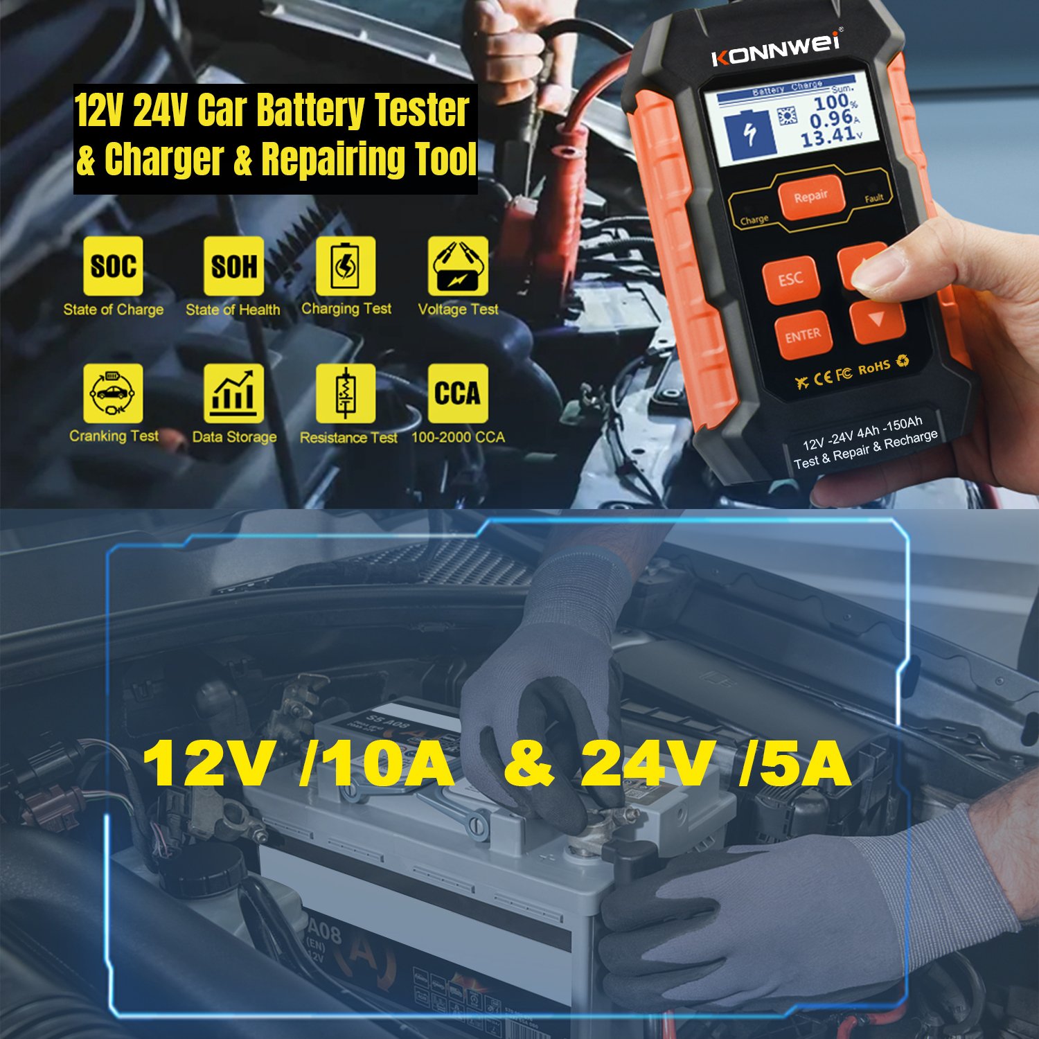 Portable 12V 24V Lead Acid Battery Tester Starter Alternator Analyzer with Digital Battery Charger KONNWEI KW520