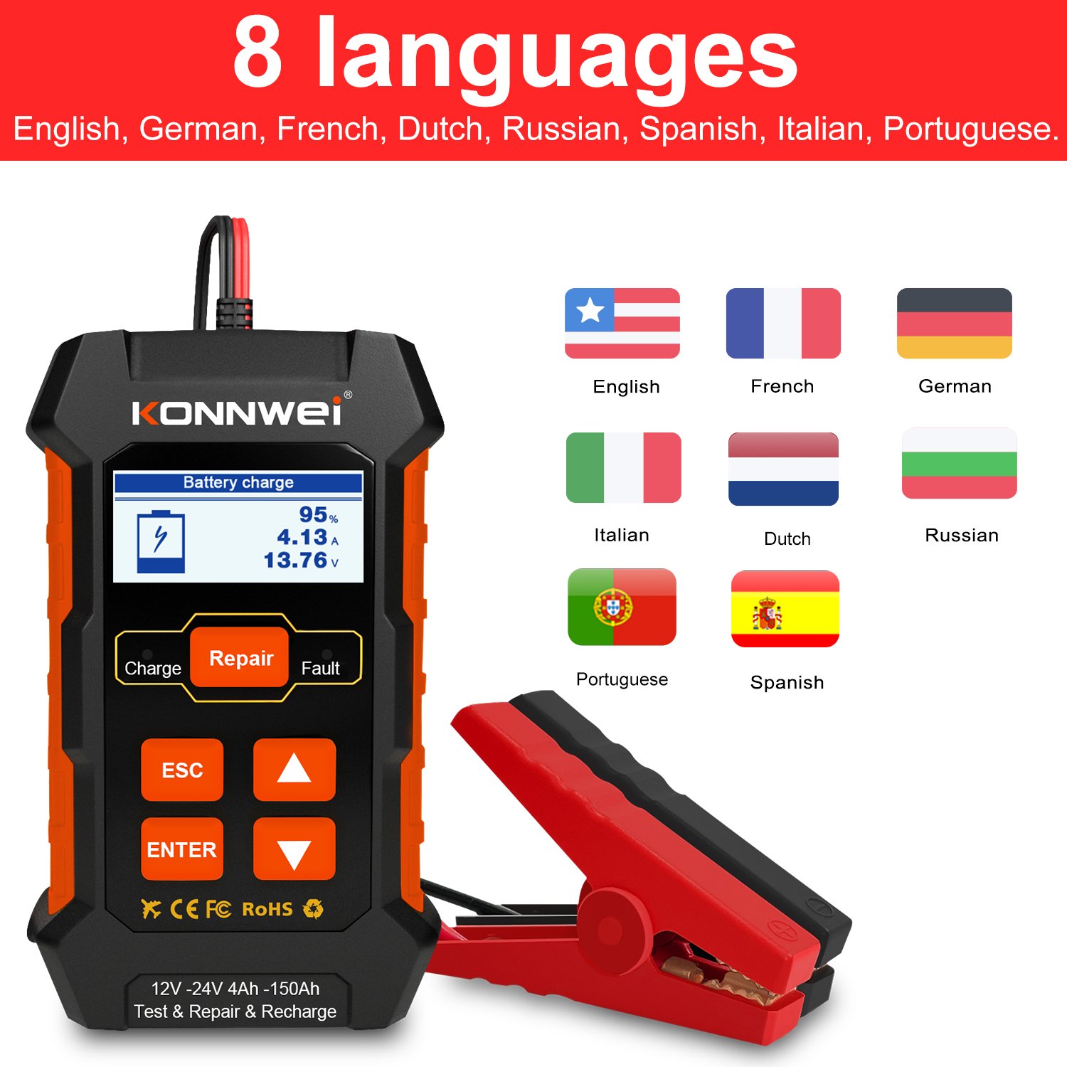 Portable 12V 24V Lead Acid Battery Tester Starter Alternator Analyzer with Digital Battery Charger KONNWEI KW520