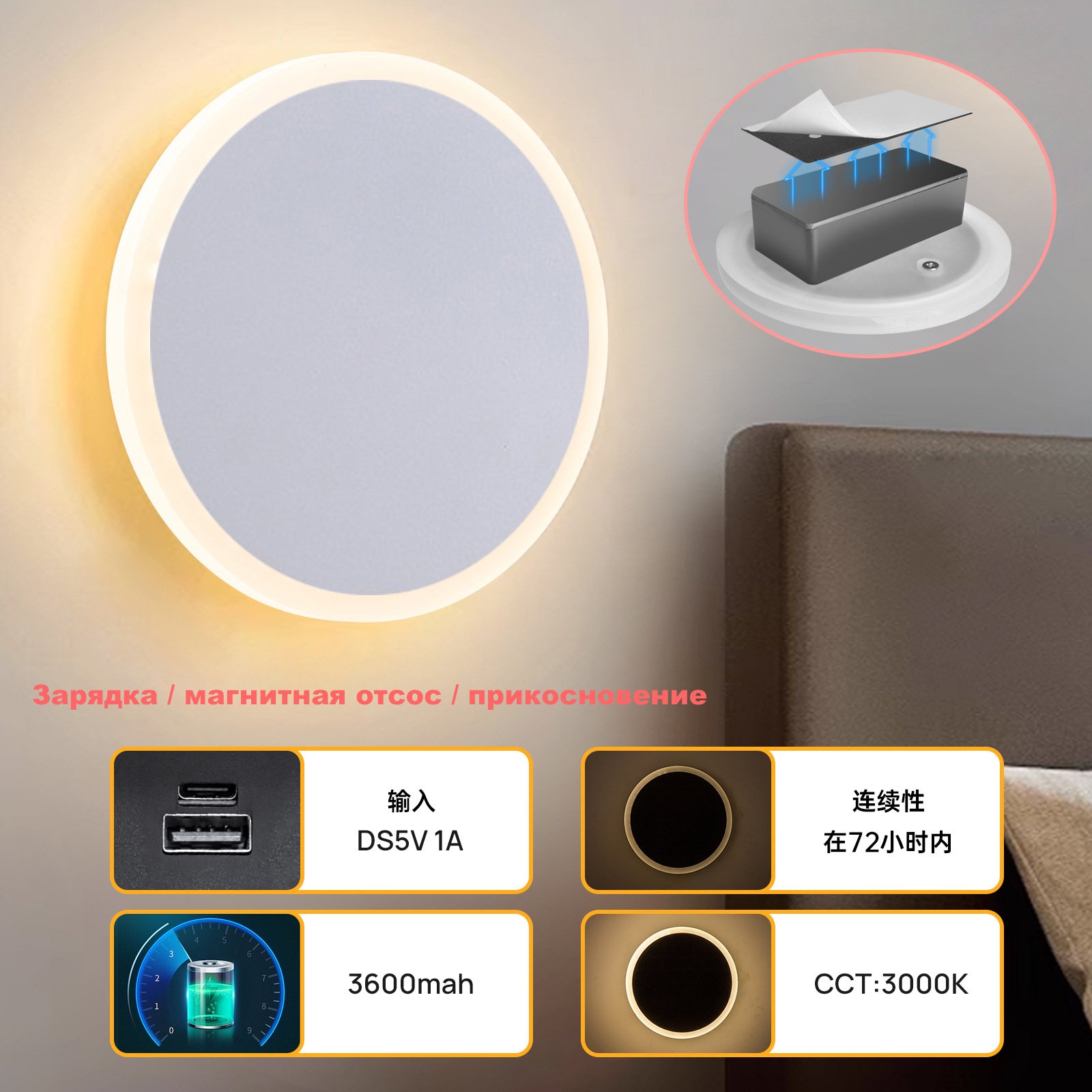Nordic Modern Style USB Rechargeable Round LED Wall Lights Wireless Surface Mounted with Touch Control