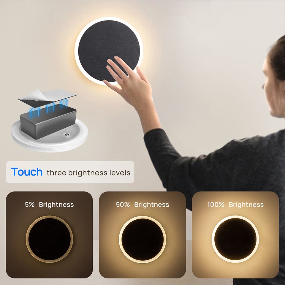 Nordic Modern Style USB Rechargeable Round LED Wall Lights Wireless Surface Mounted with Touch Control