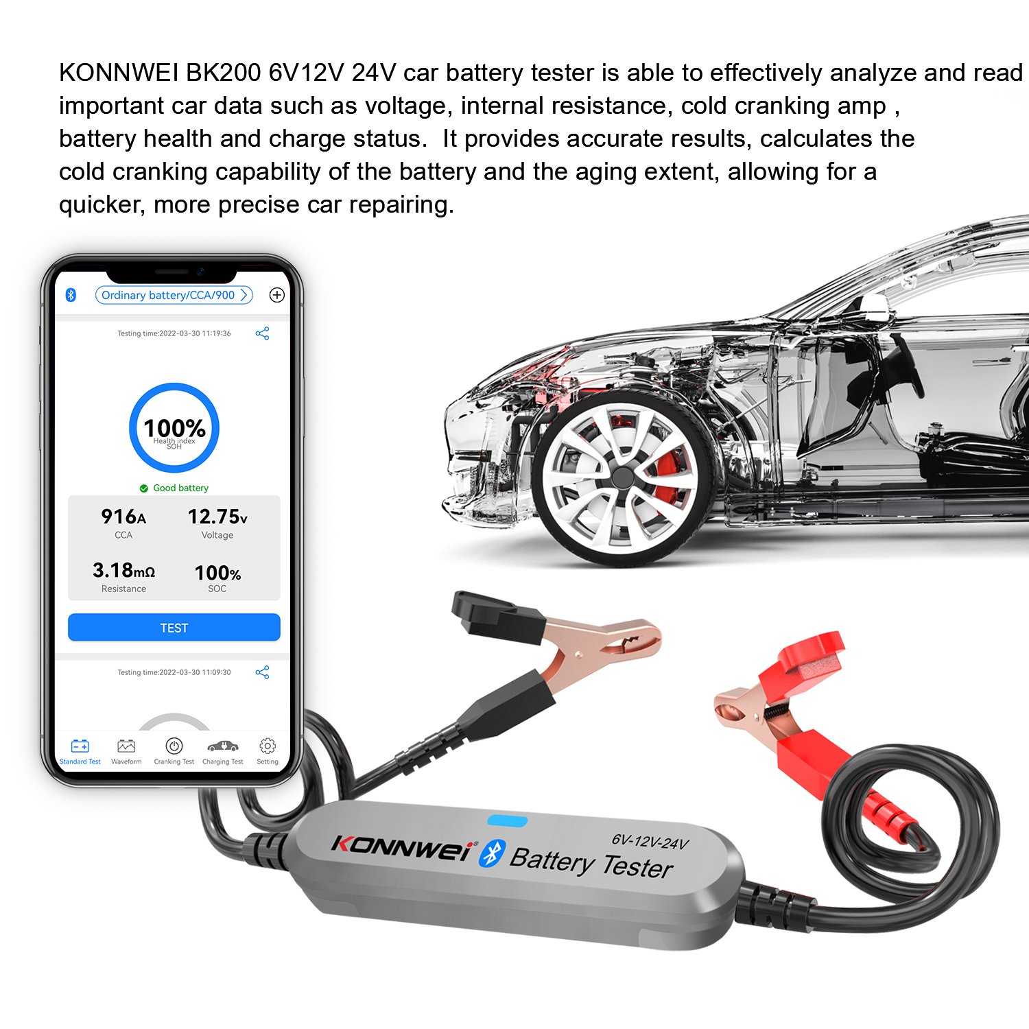KONNWEI BK200 Battery Monitor 12V Battery Analyzer Charging Cranking Tester Car Battery Tester for Car Truck Motorcycle ATV