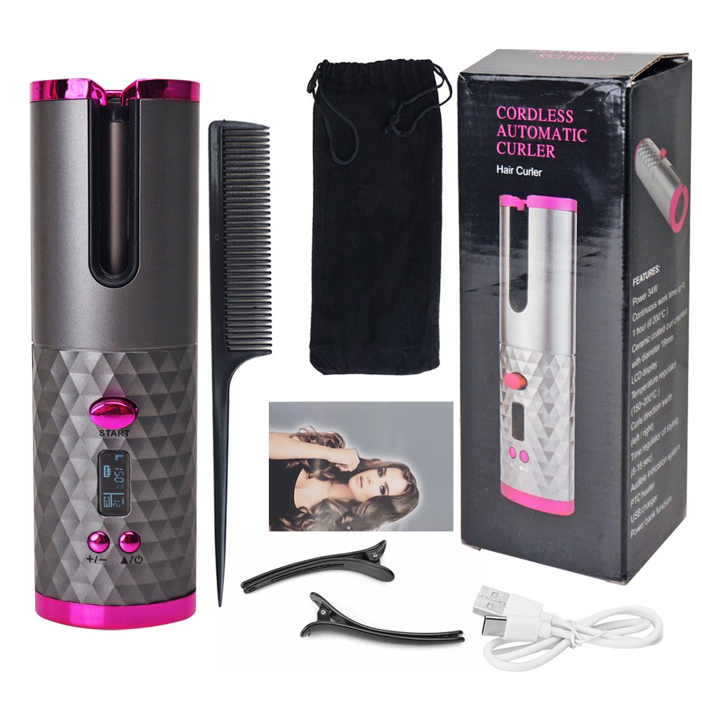 Cordless Automatic Curling Iron Ceramic Auto Hair Curler with LCD Display 6 Temps