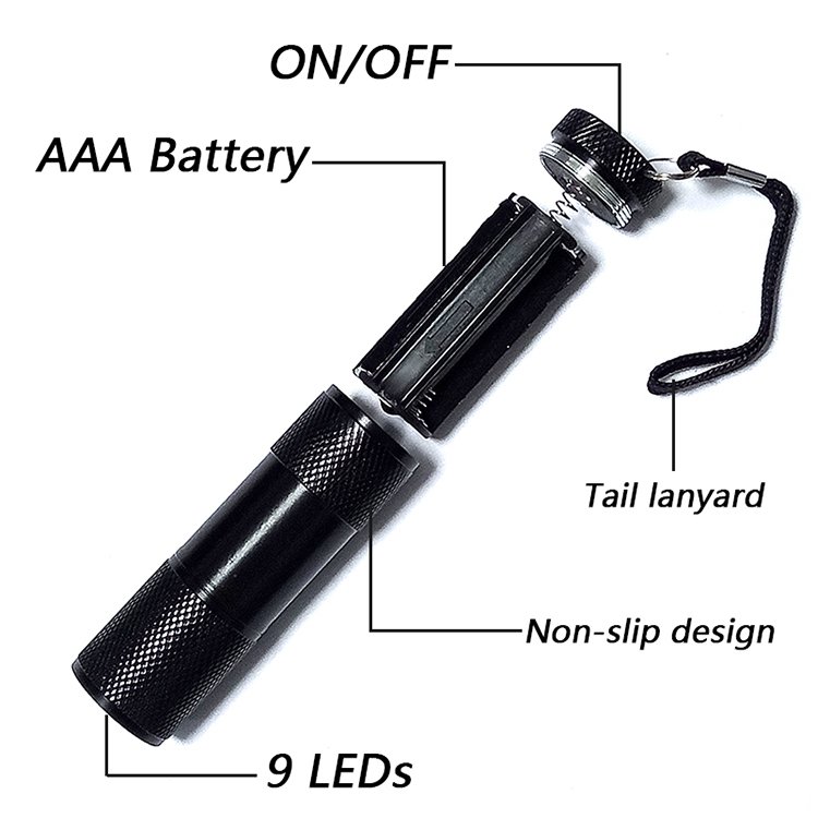 Aluminum Alloy Mini Led Torch Flashlight Promotion Gift 9leds Mini 395nm UV White Light Flashlight
