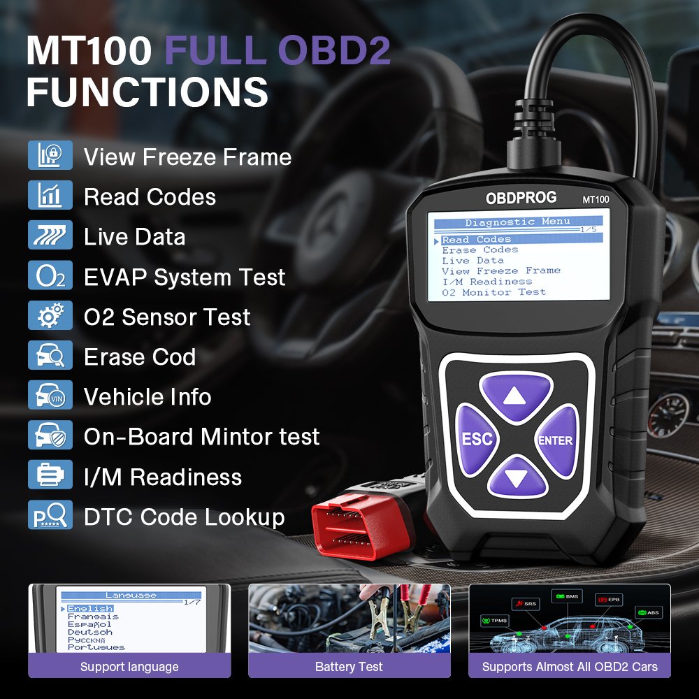 OBDPROG MT100 OBD2 Professional Auto Scanner EOBD Engine Analyzer Multi-Language Code Reader 1-Year Warranty Diagnostic Tools