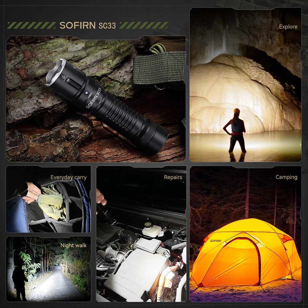 SC33 LED Tactical Flashlight Multipurpose Modes Torch Light Multi-function USB Fast Charging 21700 Battery Grade IPX8 Waterproof