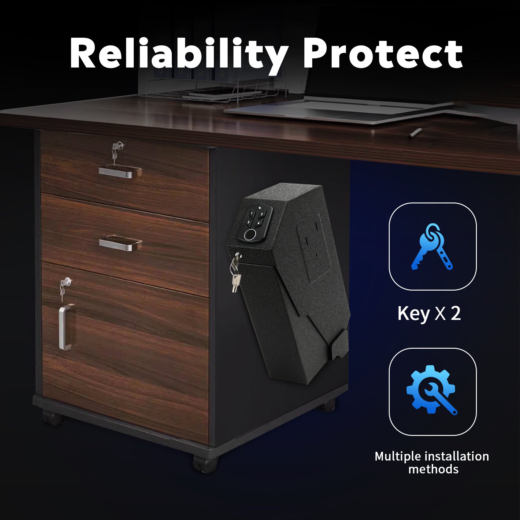 Gun Safe, Biometric Wall Mounted Handgun Safe Box for Desk, Bedside, with Fingerprint Key Access Lock PIN for Home Nightstand