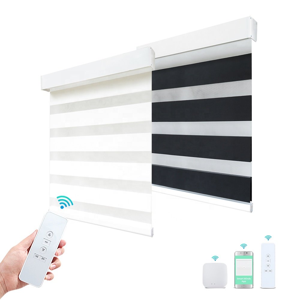 American Shop Sheer Elegance Luxury Interior Durable Two-Layer Blackout Automatic Zebra Blinds Universal Remote RF for Windows
