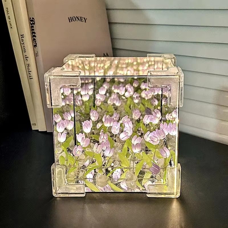 Acrylic DIY Tulip Square LED Nightlight Mirror Warm Colorful Projected Light Mini Table for Bedroom Battery Switch for Room Use