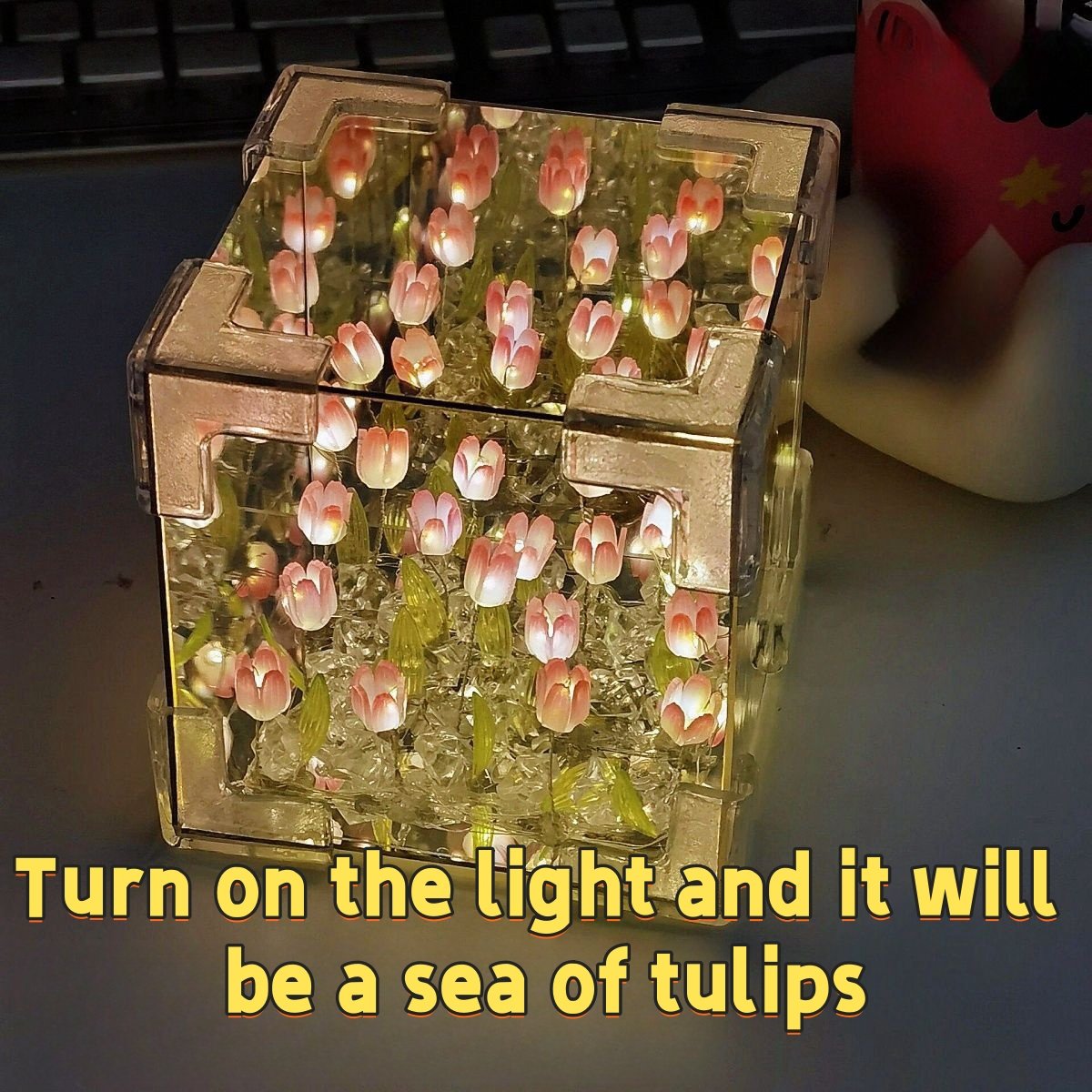 Acrylic DIY Tulip Square LED Nightlight Mirror Warm Colorful Projected Light Mini Table for Bedroom Battery Switch for Room Use