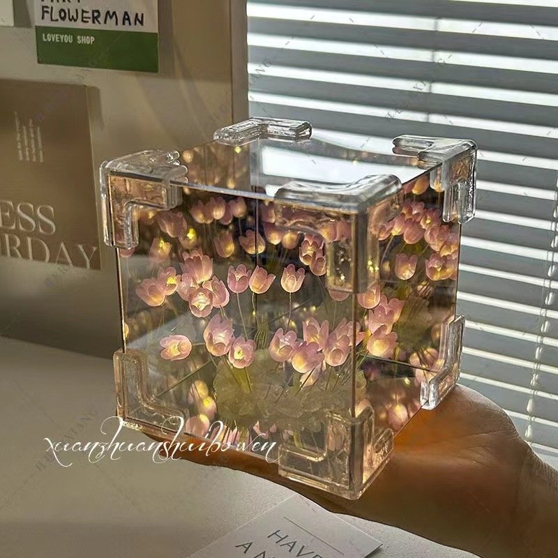 Acrylic DIY Tulip Square LED Nightlight Mirror Warm Colorful Projected Light Mini Table for Bedroom Battery Switch for Room Use