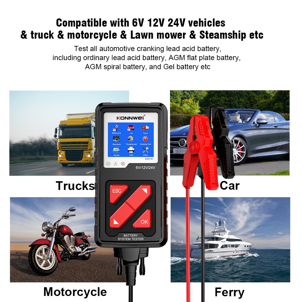 24v12v 6v Car Battery Tester Konnwei KW710 Car Battery Cranking Charge Tester and Alternator Analyzer