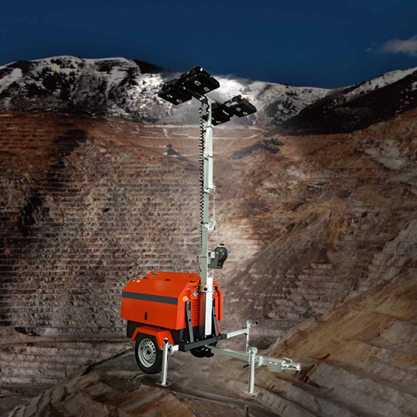 Durability Fuel Efficiency Mobile Trailer Light Tower for Mining Sports Event 5.2kW 6kW Output 50/60hz Silent for Infrastructure