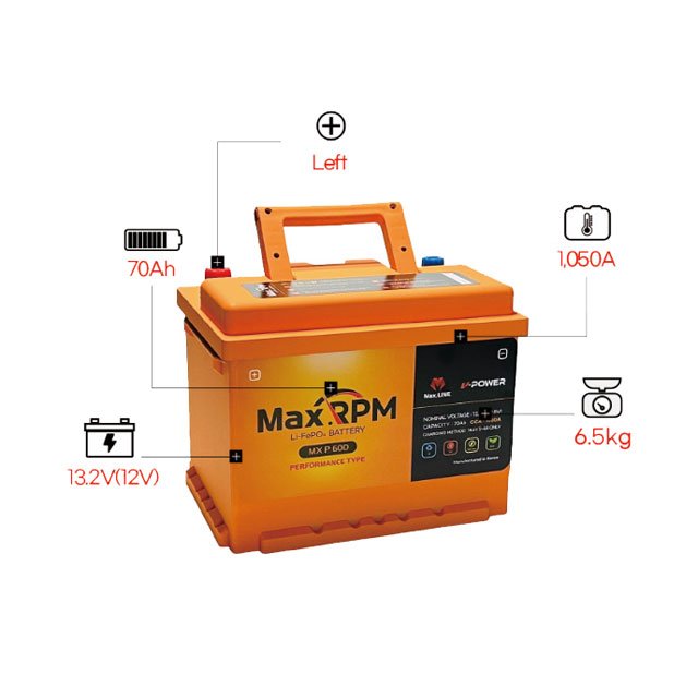 Korean Maxline Long Life Span Lithium Iron Phosphapate (LiFePO4) 12V Car Battery 70Ah Capacity 1,050CCA Performance MX P 60D
