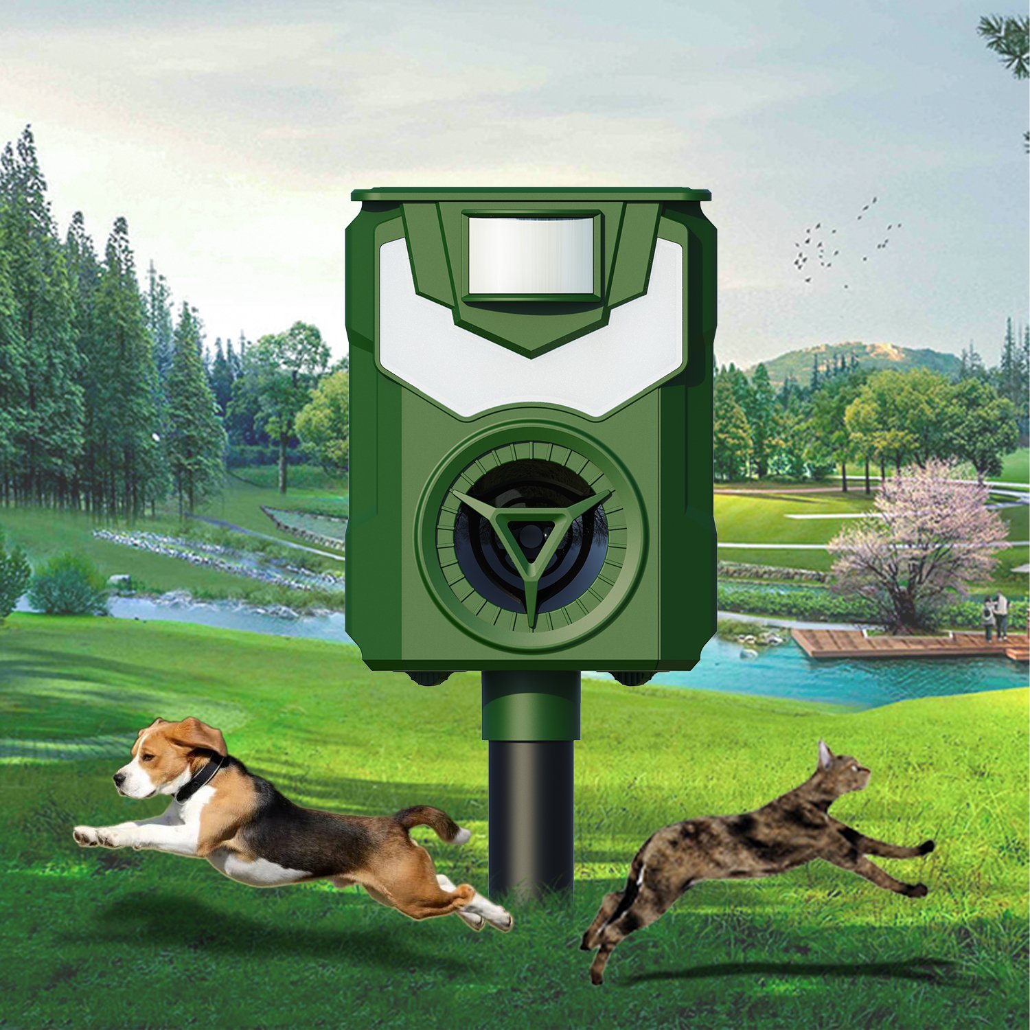 Upgraded Solar Animal Repeller Ultrasonic Deer Repellent Devices with Motion Sensor and Flame Light Cat Repellent Outdoor