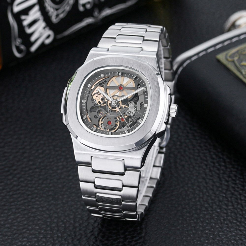 Luxury Classic Business Square Skeleton Mechanical Wristwatch Stainless Steel Band Automatic Watches Men Wrist