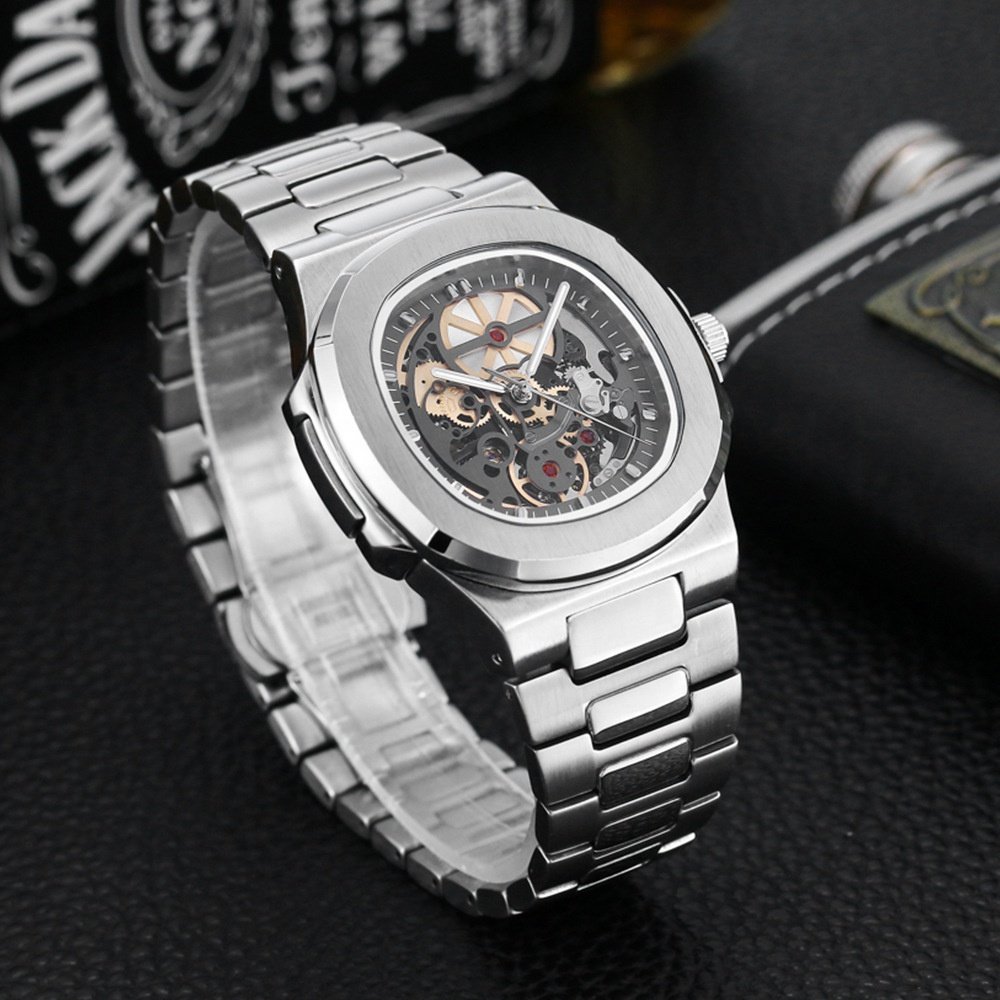 Luxury Classic Business Square Skeleton Mechanical Wristwatch Stainless Steel Band Automatic Watches Men Wrist