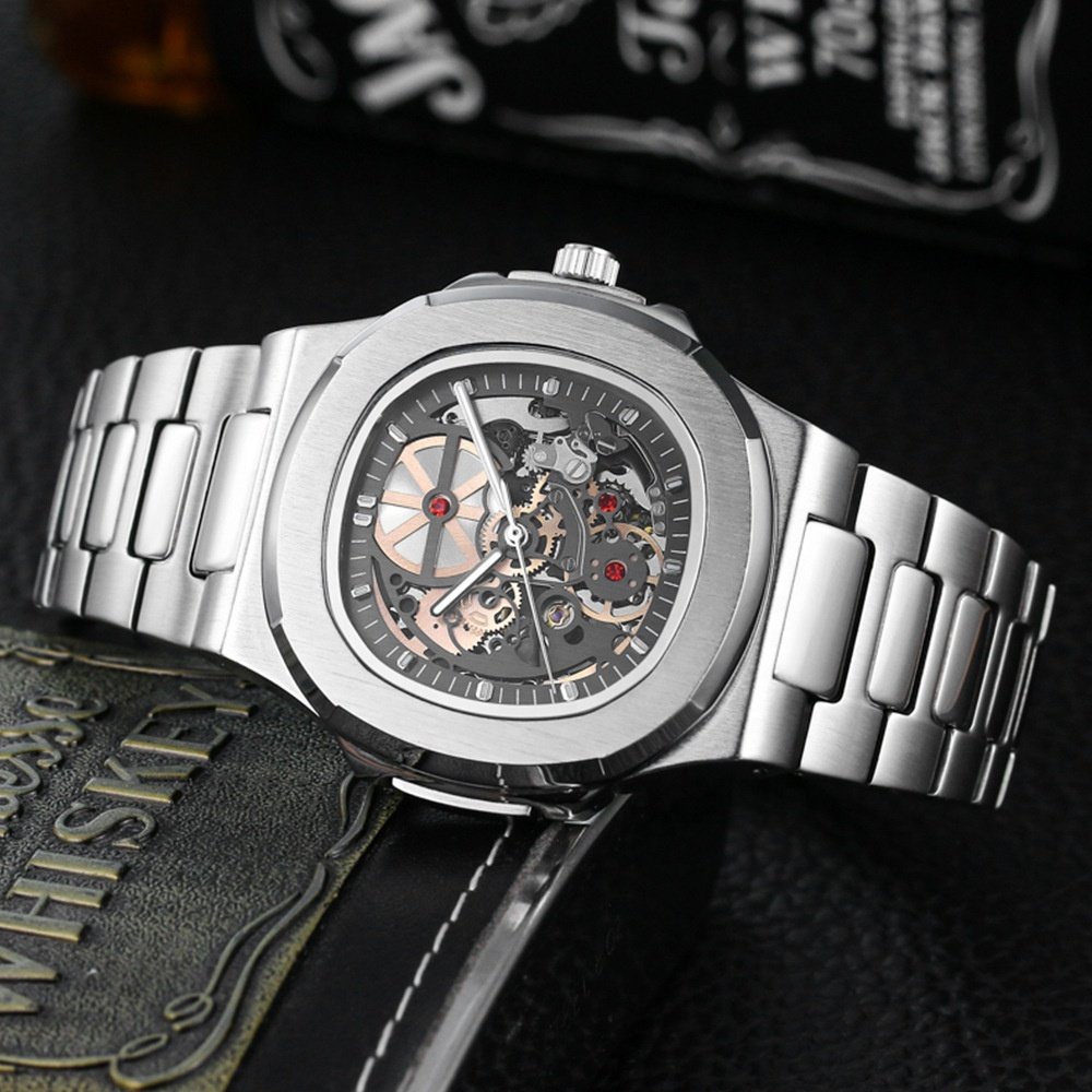 Luxury Classic Business Square Skeleton Mechanical Wristwatch Stainless Steel Band Automatic Watches Men Wrist