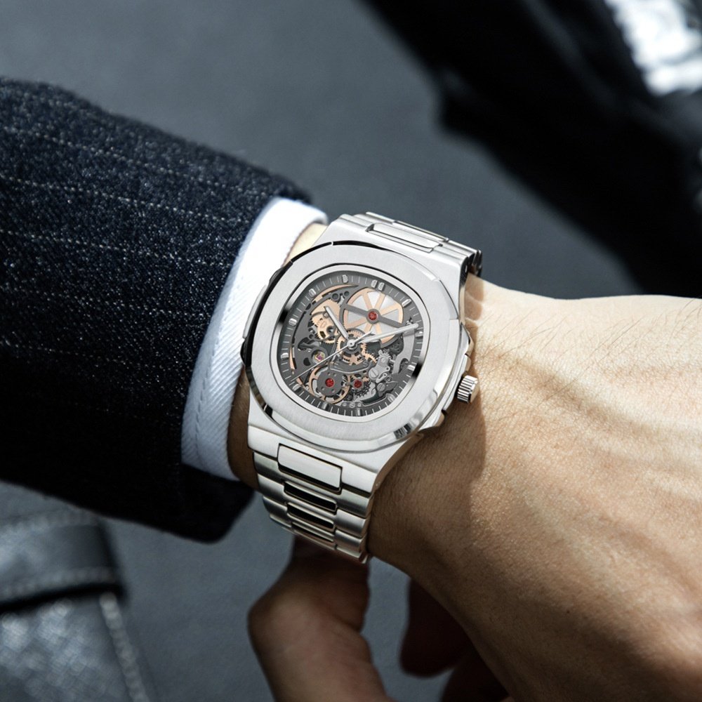 Luxury Classic Business Square Skeleton Mechanical Wristwatch Stainless Steel Band Automatic Watches Men Wrist