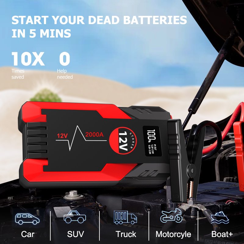 Portable Battery Jump Starter Pack Multi-Function 12V 2000A Car Jump Starter Power Bank