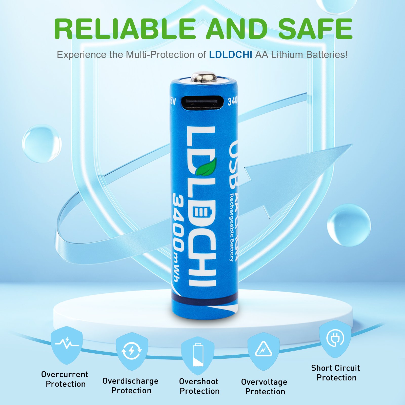 LDLDCHI MSDS High Capacity Battery Finger Size Extra Heavy 1.5V 3400mWh 2266mAh USB Rechargeable AA Battery