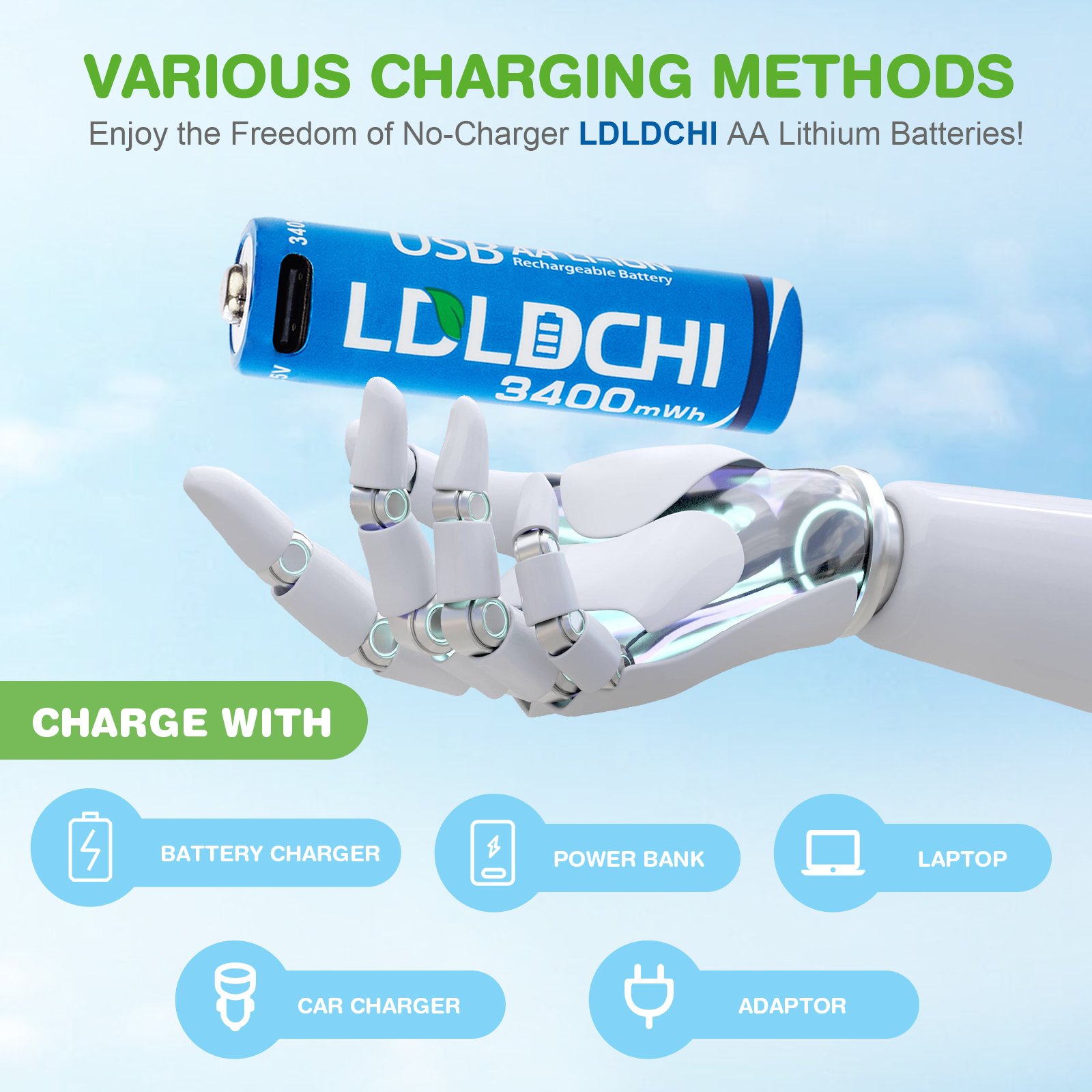 LDLDCHI MSDS High Capacity Battery Finger Size Extra Heavy 1.5V 3400mWh 2266mAh USB Rechargeable AA Battery