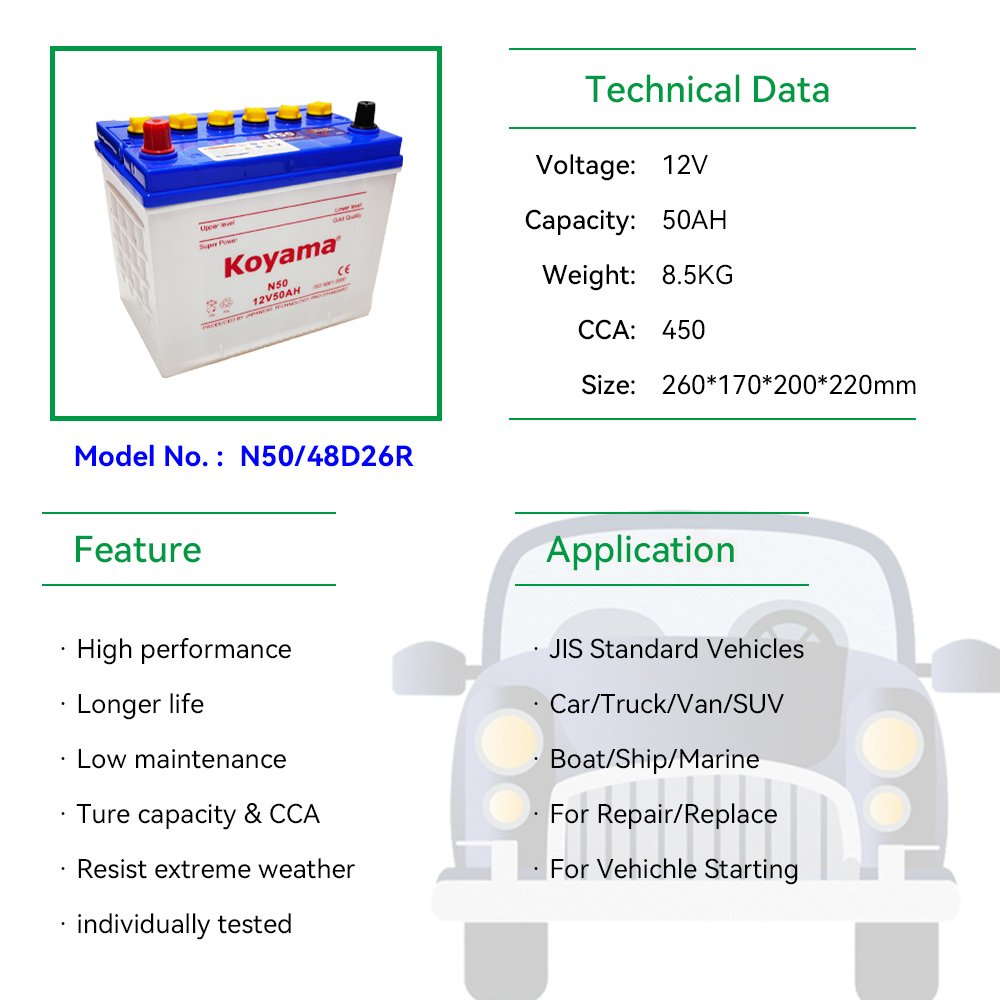 High Quality 12V50Ah JIS Standard Lead Acid Battery N50 48D26R Dry Charged Automotive Car Battery for Vehicles Starting