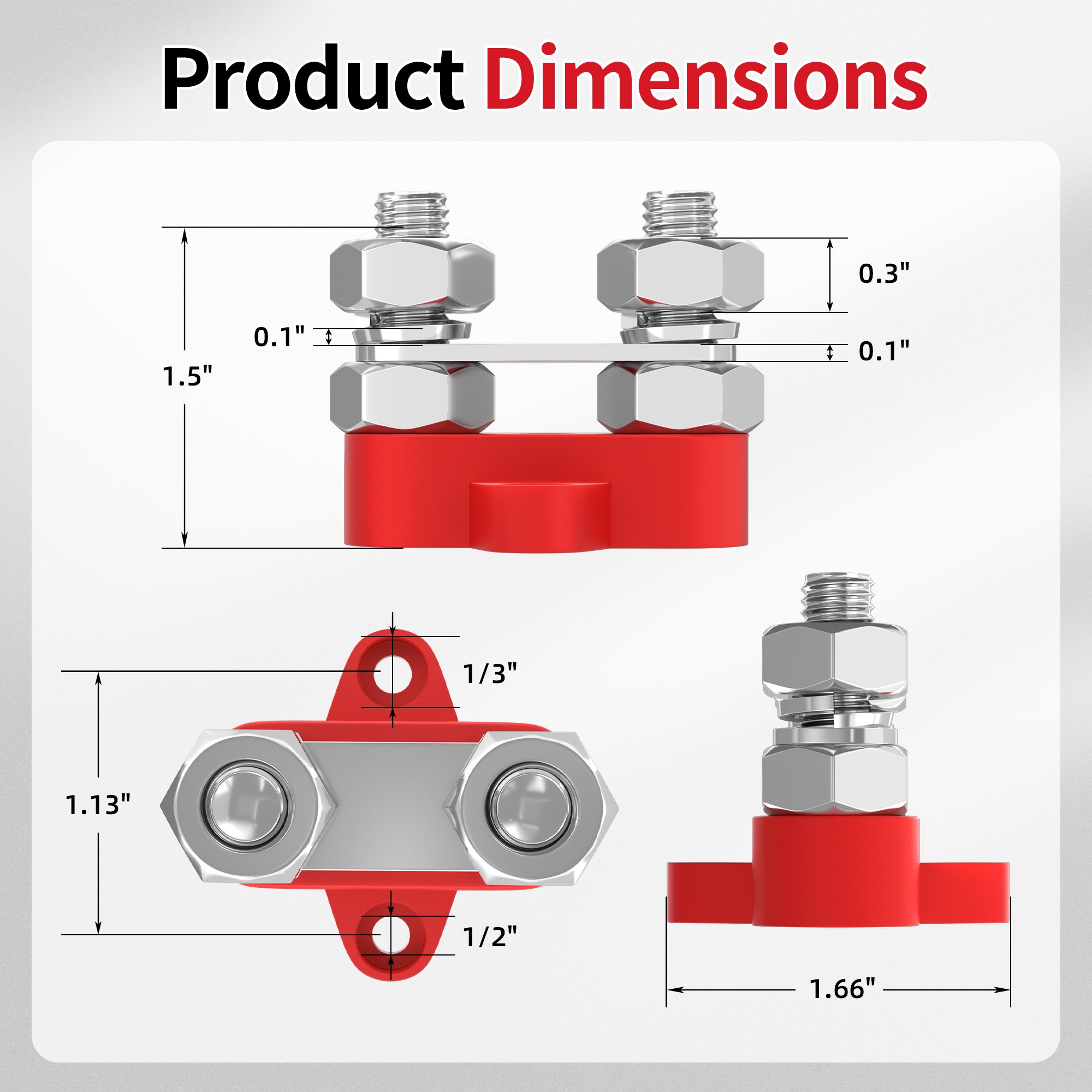 DC 48V 80A Busbar Copper M10 Stud 2Way Terminal Battery Blocks Bus Bar for Marine Solar 12V Auto Positive & Negative
