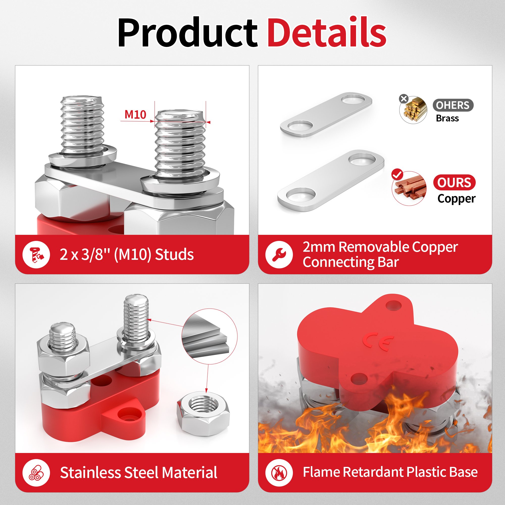 DC 48V 80A Busbar Copper M10 Stud 2Way Terminal Battery Blocks Bus Bar for Marine Solar 12V Auto Positive & Negative