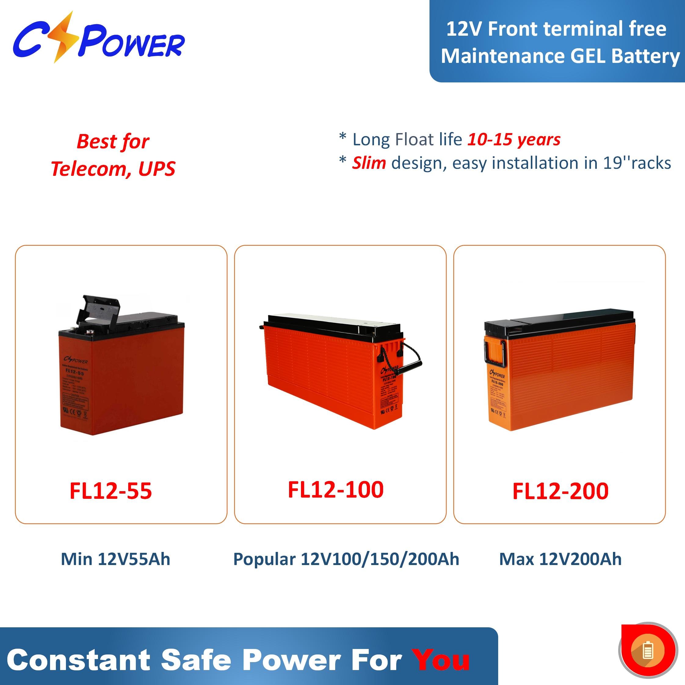 Solar Battery CSPOWER FL12 12V 200Ah Front Terminal Gel Telecom Battery for Solar UPS Systems - Model FL12-200 AH