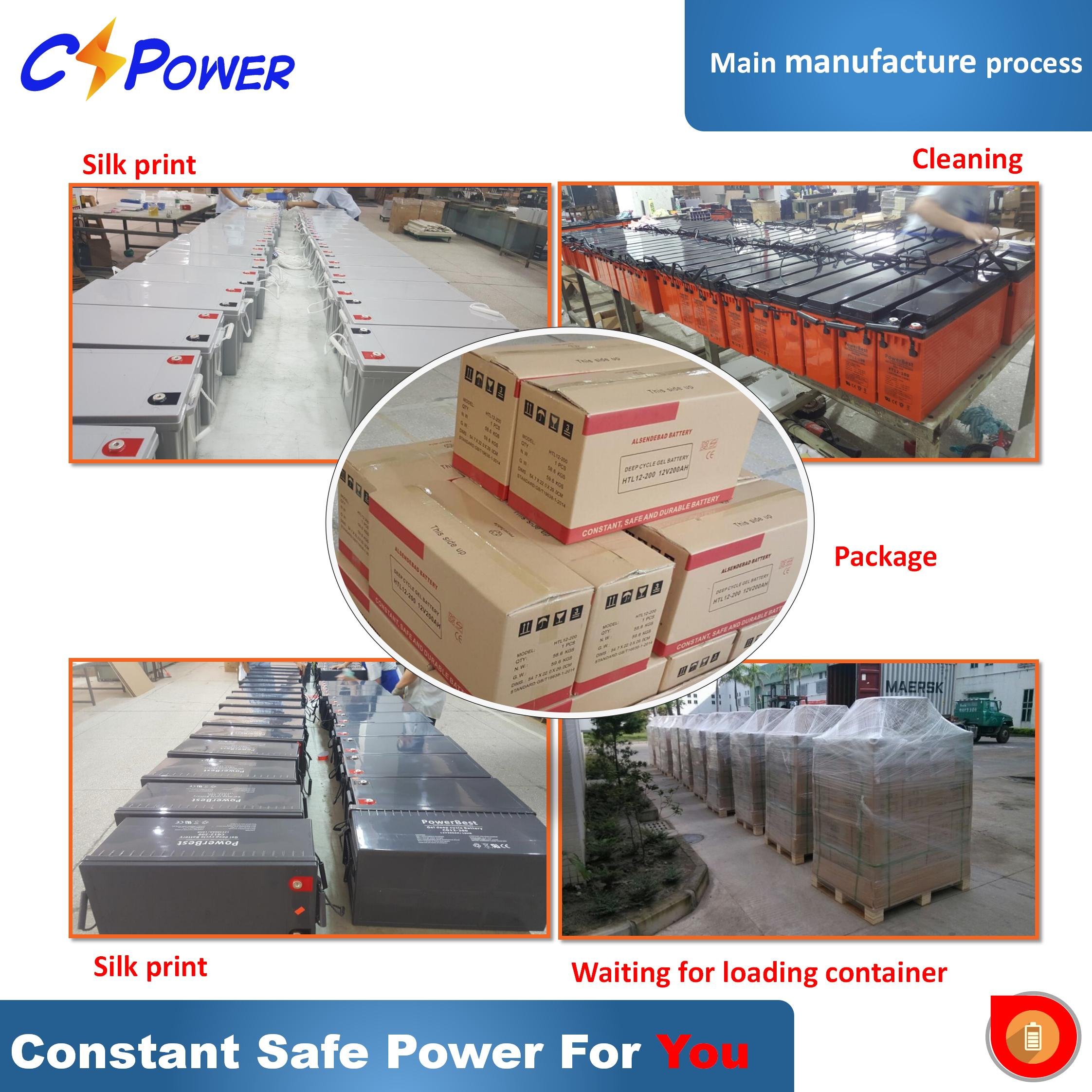 Solar Battery CSPOWER FL12 12V 200Ah Front Terminal Gel Telecom Battery for Solar UPS Systems - Model FL12-200 AH